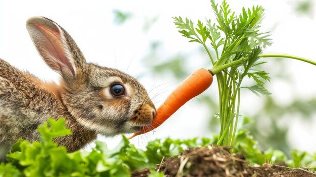 Фото Любопытная картина кролика и моркови на белом фоне