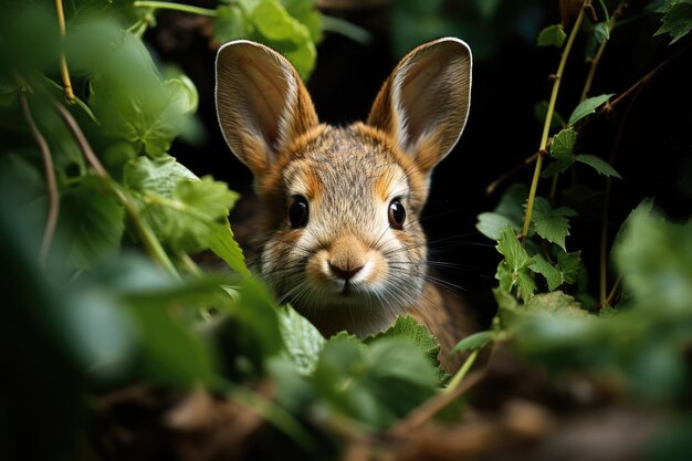 Curious rabbit peeking in shrub generative IA