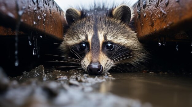 A curious raccoon peeks out from under a rustic wooden bench