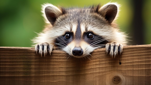 A curious raccoon peeks over a rustic wooden fence