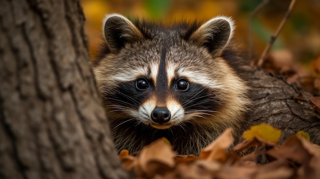 Curious raccoon peering out from behind tree AI generated