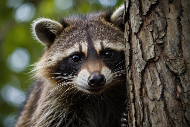 a curious raccoon peering out from behind a tree