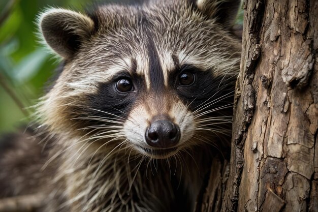 a curious raccoon peering out from behind a tree