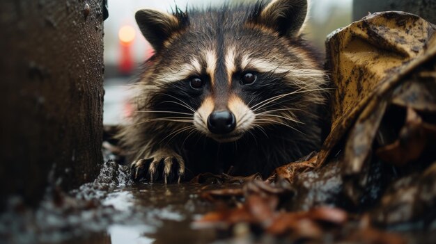 A curious raccoon seeks shelter from the rain behind a tree in a magical forest