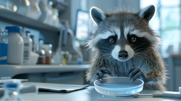 Photo a curious raccoon wearing a lab coat peers into a petri dish filled with a mysterious blue liquid