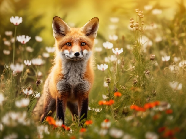 Curious red fox on a green meadow