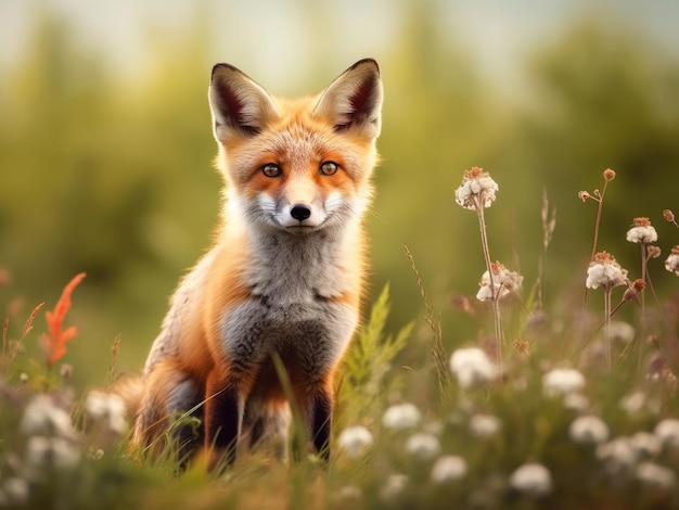 Curious red fox on a green meadow