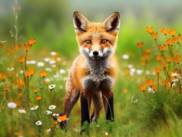 Photo curious red fox on a green meadow