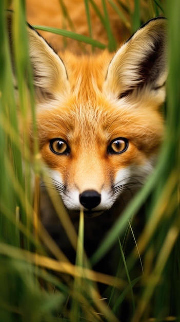 Curious red fox peering through the grass wallpaper for the phone