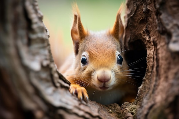 Curious red squirrel peeking out from behind the tree Generative Ai