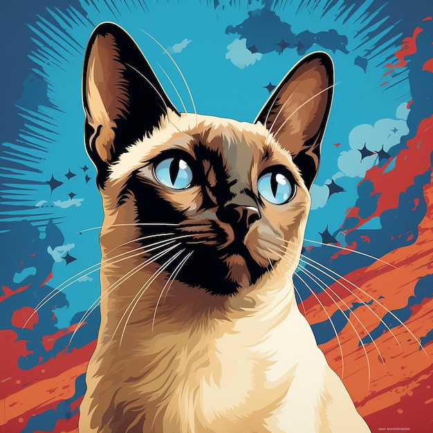 Любопытная сиамская кошка в стиле классической иллюстрации из комиксов