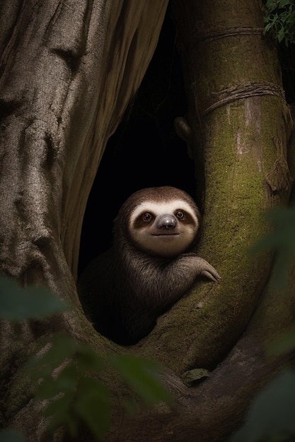 A curious sloth peers out from the shadows of a massive ancient tree woods strobist