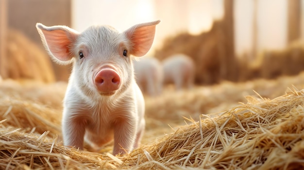 Curious small piglet in the farm with empty copy space Pink pig Generative AI