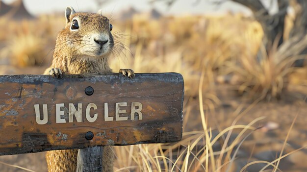 Photo a curious squirrel stands on a wooden sign in the middle of a desert field the sign reads uncle rods