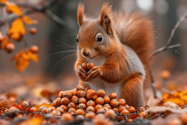 Curious Squirrel Surrounded by Walnuts Against a Warm Autumn Background