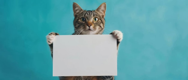 Curious tabby cat humorously holds a blank sign ready for a personalized message