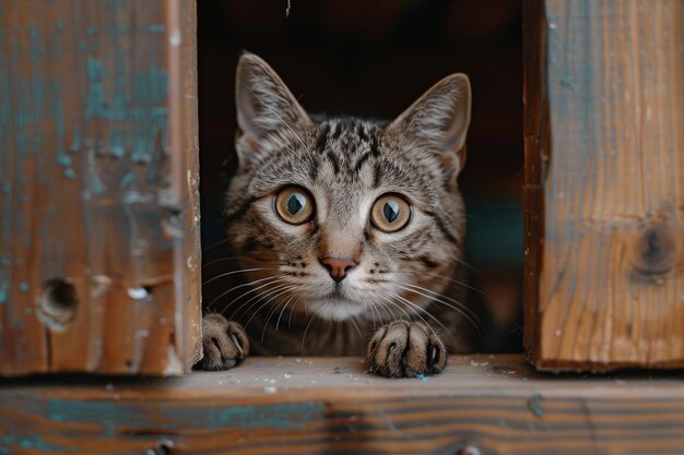 Curious Tabby Cat Peeking Through Wooden Boards