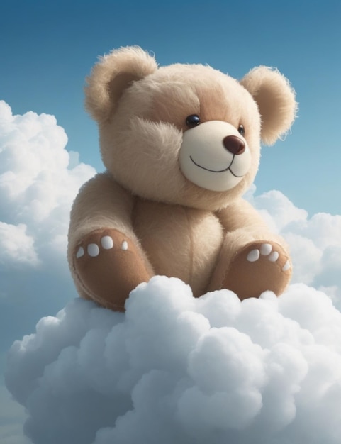 A curious teddy bear with a mischievous grin perched atop a white cloud