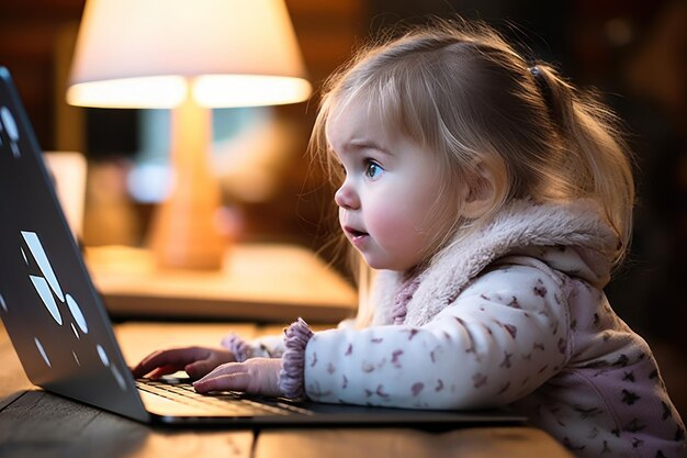 興味深い幼児の女の子がラップトップの画面を見ています