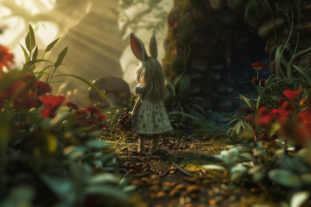 Photo curious white rabbit leading alice down a rabbit h