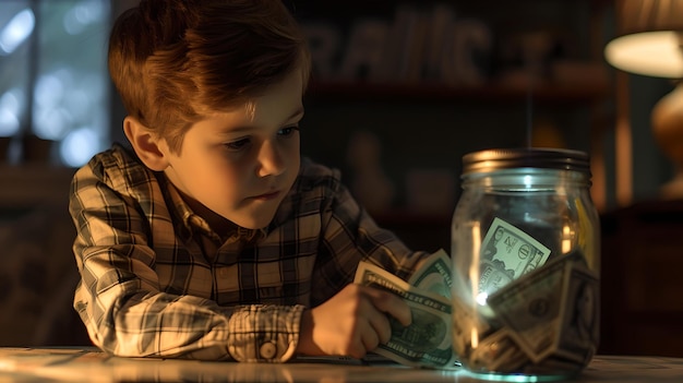 Любопытный молодой мальчик, исследующий деньги в банку дома, сберегающий концепцию ребенка с финансовыми интересами, образ образа жизни с прикосновением невинности, ИИ