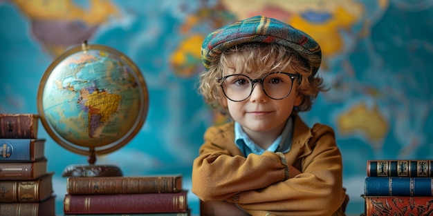 Curious young boy studying geography with globe and books Concept of education learning and exploration