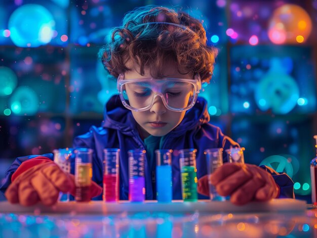 A curious young boy wearing safety goggles conducts colorful chemical experiments in a vivid