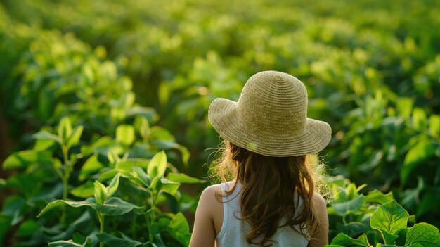 A curious young girl in a sunhat explores a verdant field of crops