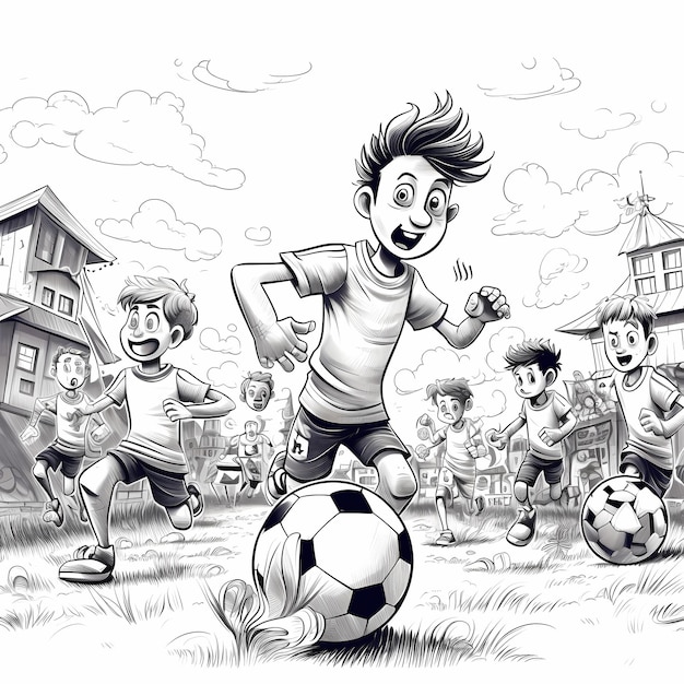 Photo curiously distracted subtly wrong coloring page of a distorted kids soccer game