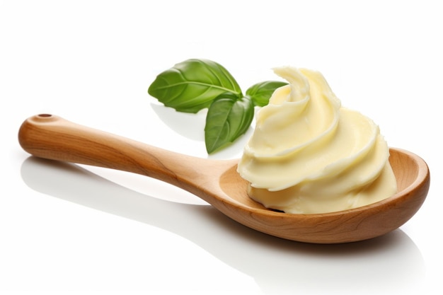 Photo curl of fresh butter basil wooden spoon diet food margarine product generate ai