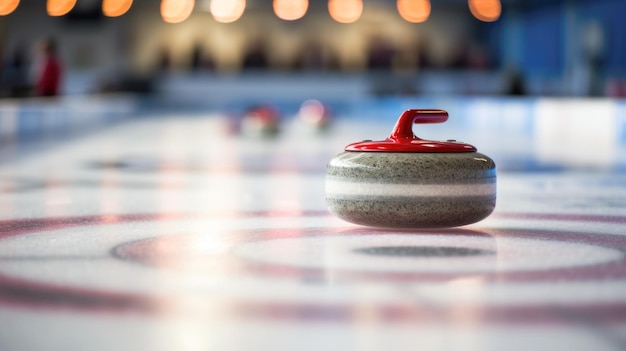 Curling stone in closeup sliding on icy sheet