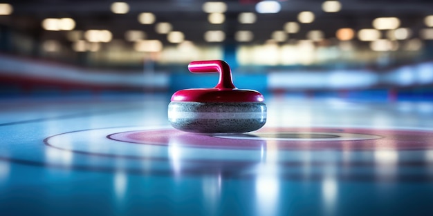 Curling stone resting at the center of a sports arena