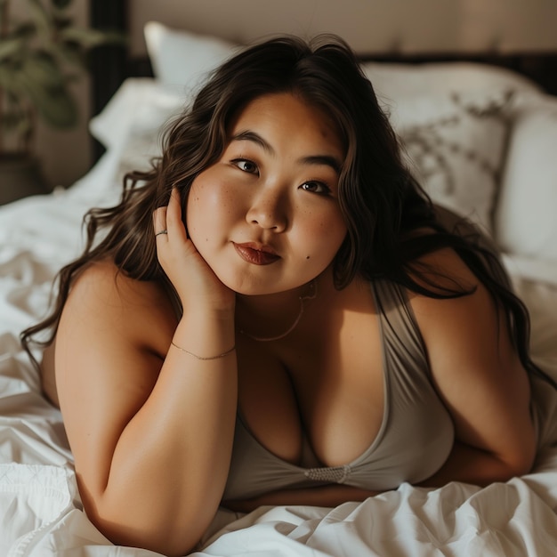 curly asian plus size girl lying on the bed