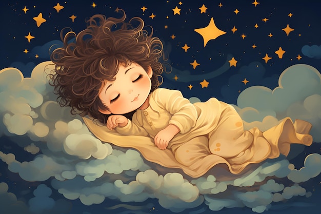 Curly baby sleeping on a cloud illustration