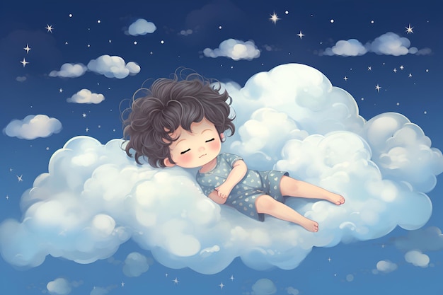 Curly baby sleeping on a cloud illustration