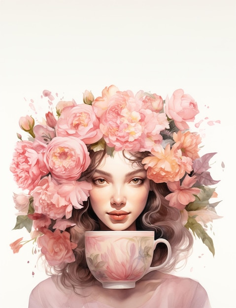 Curly blond young woman with spring flowers crown and cup watercolor illustration Copy space Generative AI