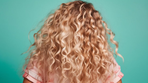 Curly blonde hair on mint background