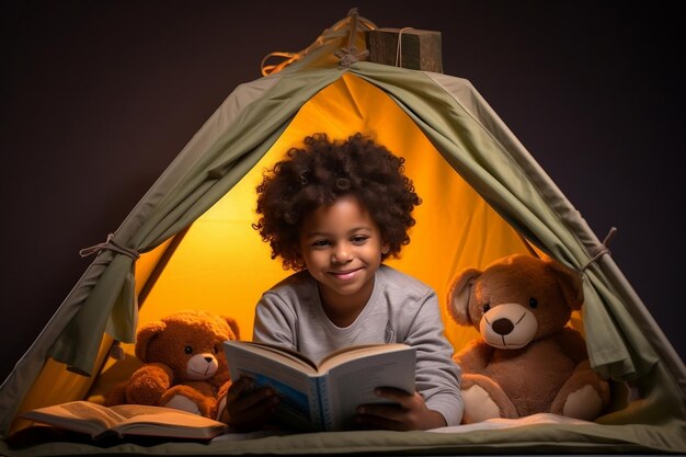 Curly boy's delight cute little african american kid reading generative ai