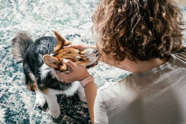 Donna allegra riccia con cane corgi seduto rilassante e giocando sul pavimento a casa attività ricreative del fine settimana