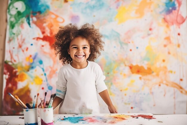 Curly cute little toddler girl painting with paints color and brush on the wall. Works of child