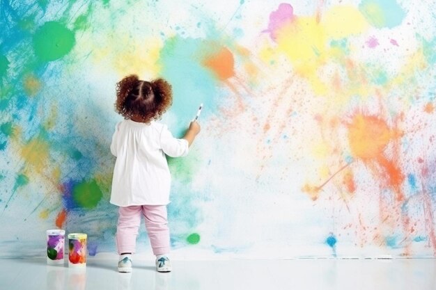 curly cute little toddler girl painting with paints color and brush on the wall