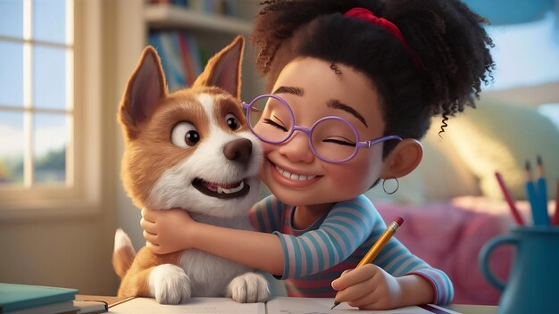 Curly girl in shirt and eyeglasses hugs dog and holds pencil