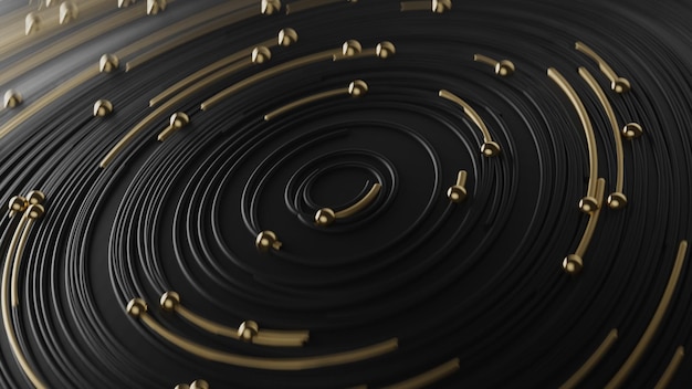 Curly golden and black abstract in circle lines together with particles on blurred bokeh background