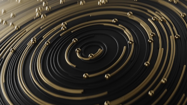Ricci dorati e neri astratti in linee circolari insieme a particelle su sfondo bokeh sfocato