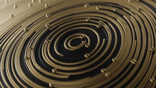 Curly golden and black abstract in circle lines together with particles on blurred bokeh background