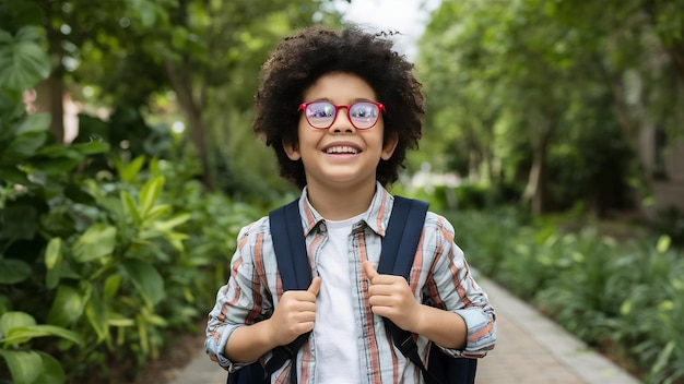 Photo curly hair boy in optique glasses holding his backpack is happy and joyful front view