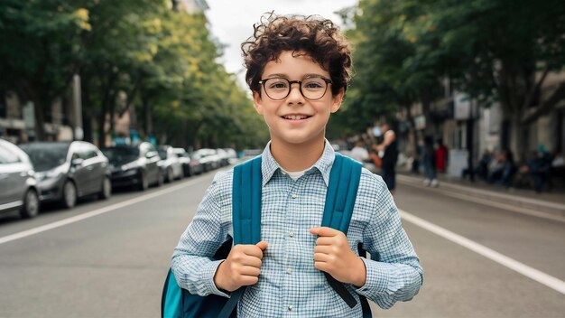 Photo curly hair boy in optique glasses holding his backpack