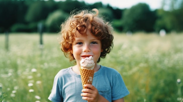 Curly hair boy with ice cream Illustration AI GenerativexA