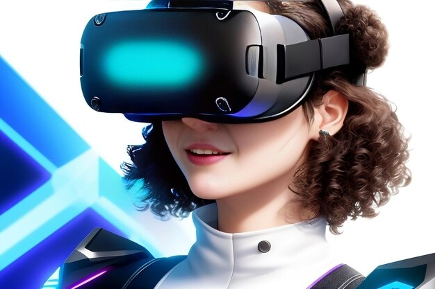 Curly hair girl wearing VR headset Virtual reality glasses