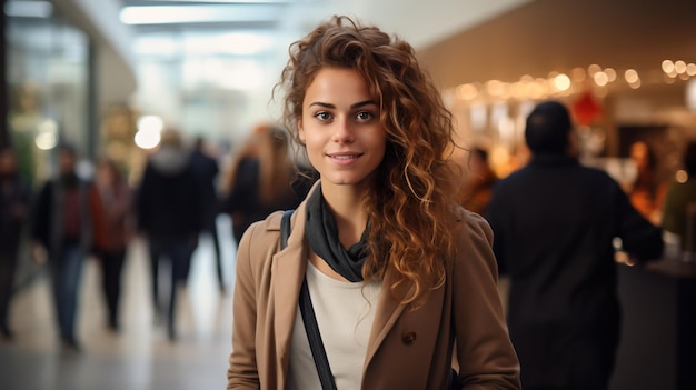 Curly Hair Woman in Brown Coat at the Mall